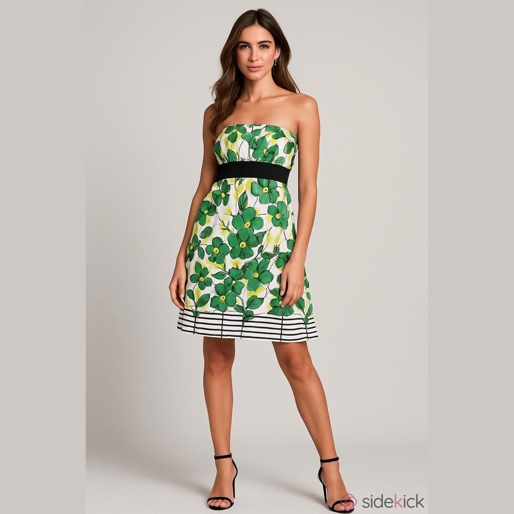 B.Moss Strapless Floral Print Dress, White, Black, Green, Yellow, Size 2